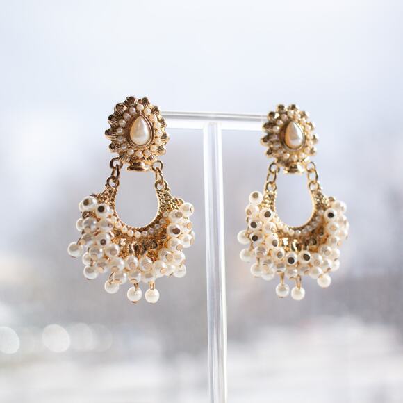 Pearl and Gold Chandbali Style Hoop Earrings - Picture 1 of 5